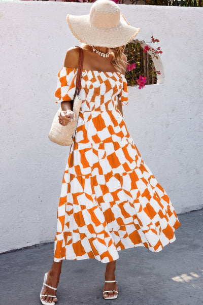 CCWHOLESALECLOTHING orange white print off shoulder ruched ruffle dress with straw hat bag and sandals