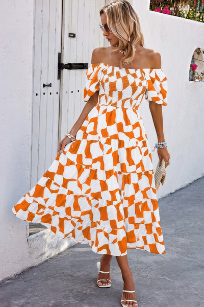 CCWHOLESALECLOTHING off shoulder ruched ruffle dress orange white geometric midi with smocked bodice and tiered skirt