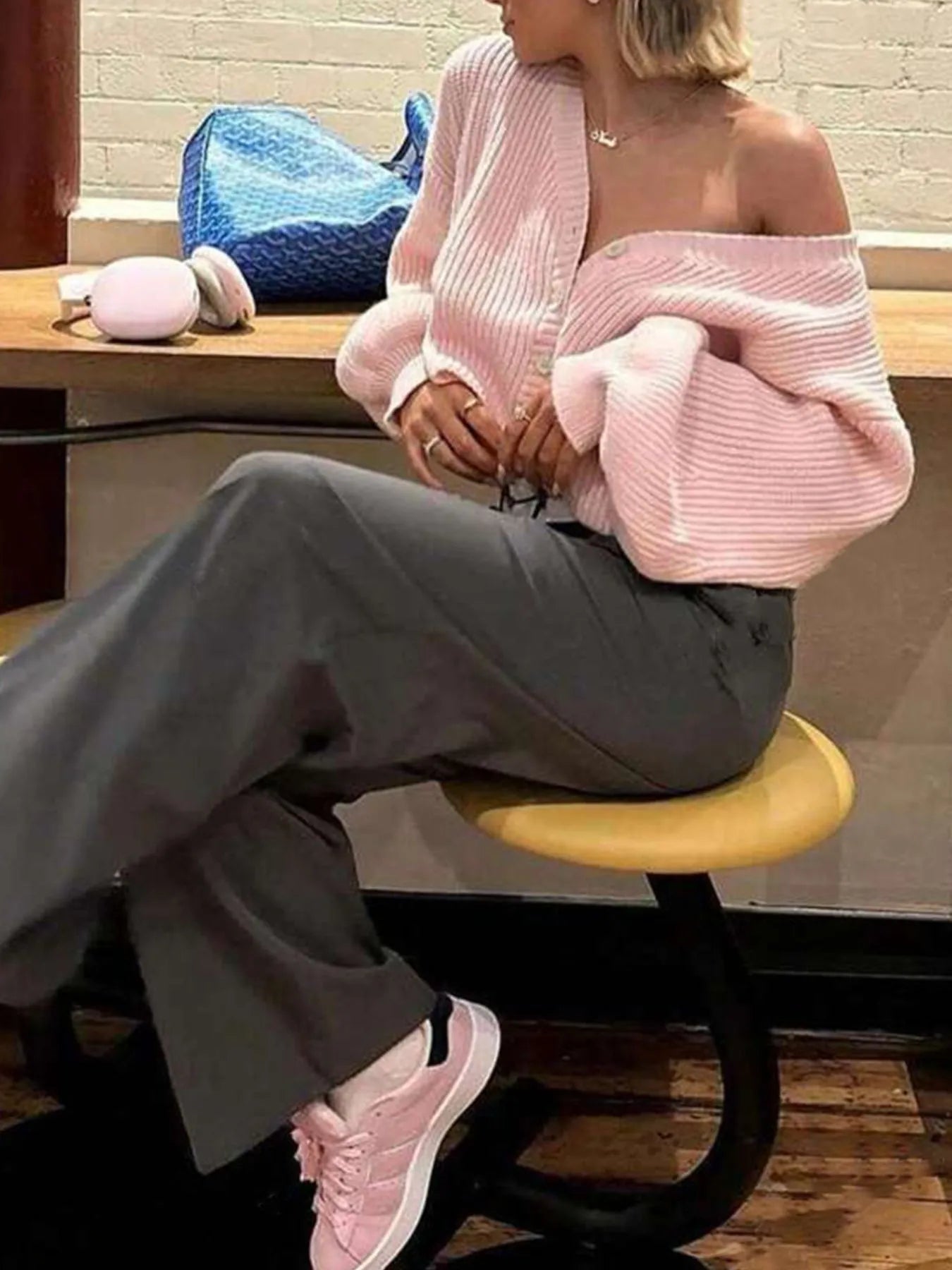 Trendsi Open Front Cardigan pink ribbed oversized off shoulder sweater with gray wide leg pants and pink sneakers