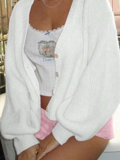 Trendsi white chunky knit Open Front Cardigan with balloon sleeves and buttons worn over camisole