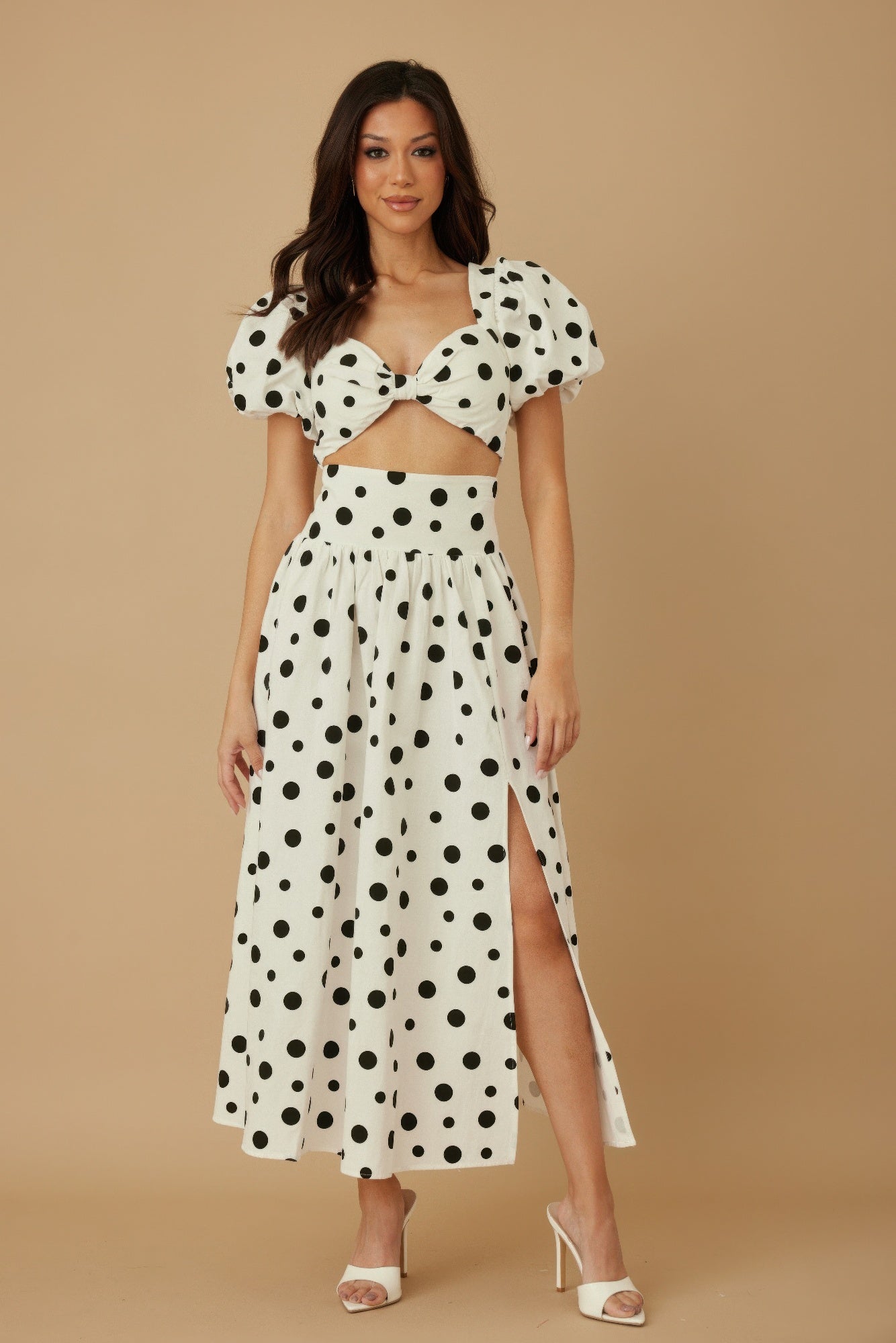 CCWHOLESALECLOTHING white polka dot two piece set with puff sleeve crop top and high waist slit skirt