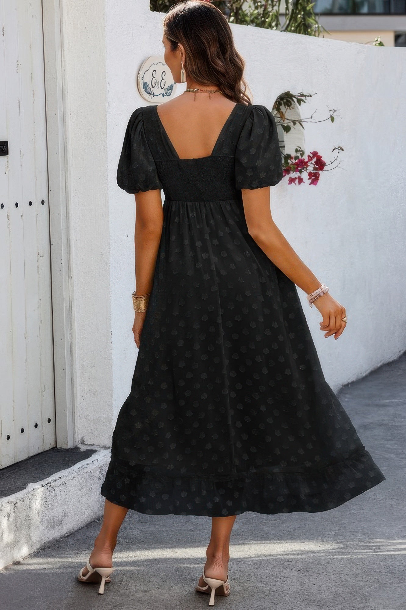 CCWHOLESALECLOTHING black square neck swiss dot dress midi with puff sleeves and low square back