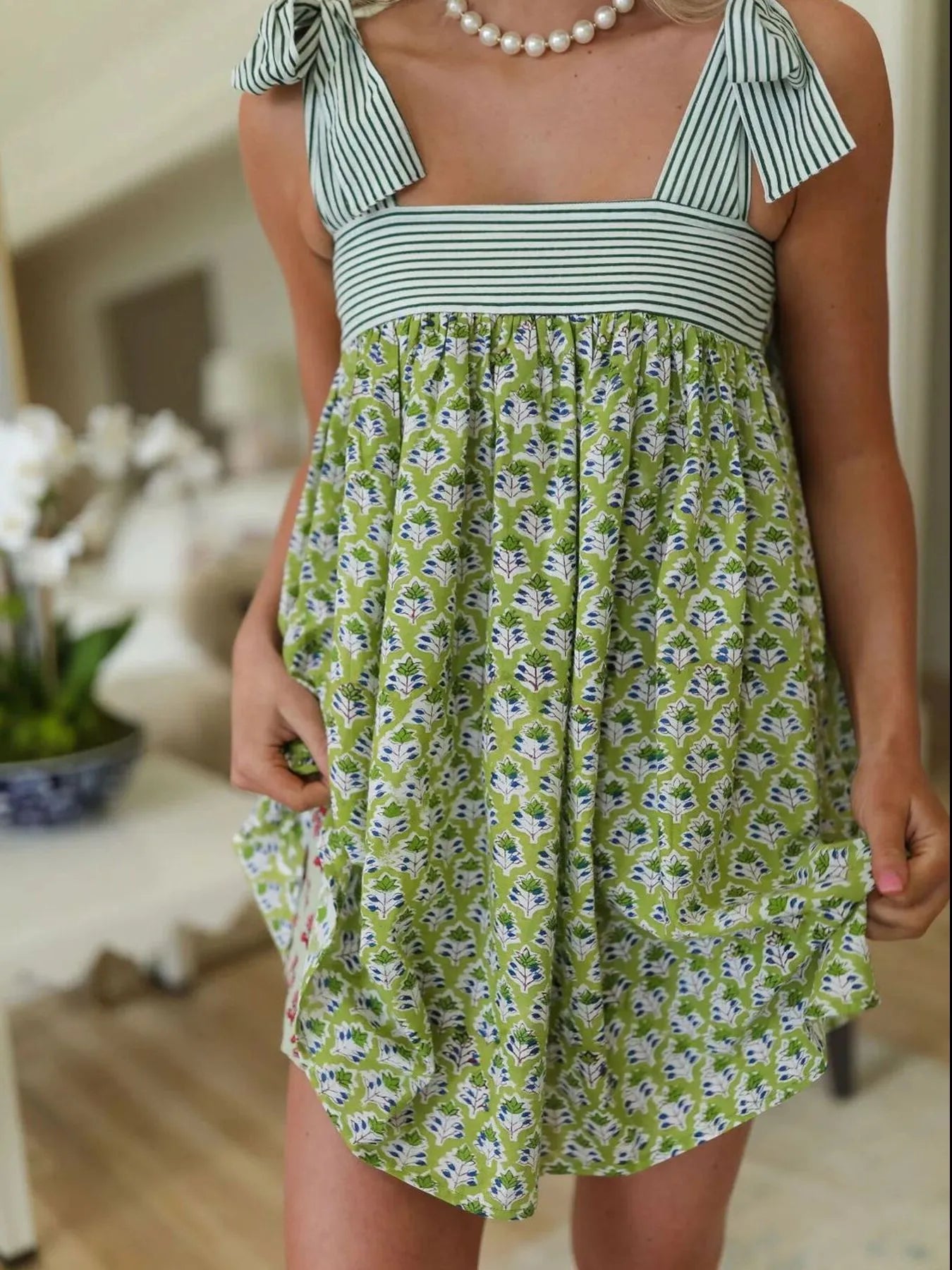 Trendsi Tie Shoulder Summer Dress green floral skirt with striped bust and bow shoulder ties
