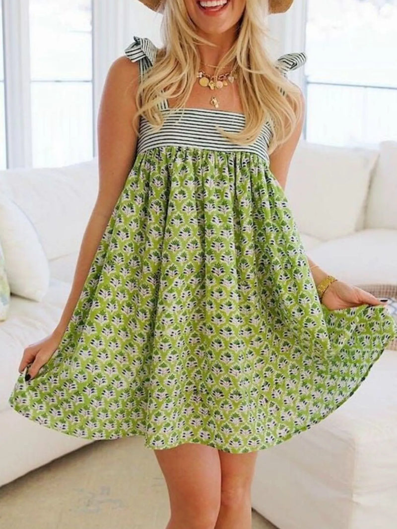 Trendsi Tie Shoulder Summer Dress green floral print with striped bodice and bow tie straps above knee