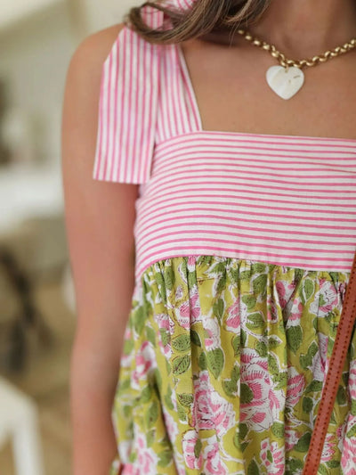 Trendsi Tie Shoulder Summer Dress pink striped bodice with green floral skirt and gold heart necklace