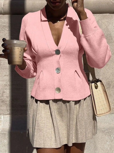 Trendsi women's button-up knit cardigan pink with large silver buttons V neck fitted waist and beige skirt