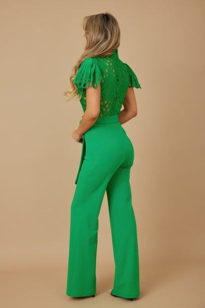 CCWHOLESALECLOTHING green crochet jumpsuit for women back view showing lace top and wide leg pants