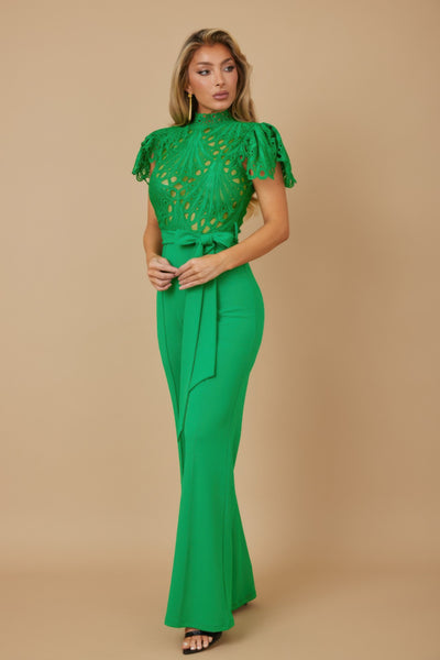 Green high neck crochet jumpsuit for women with fitted waist tie flared legs and short sleeves