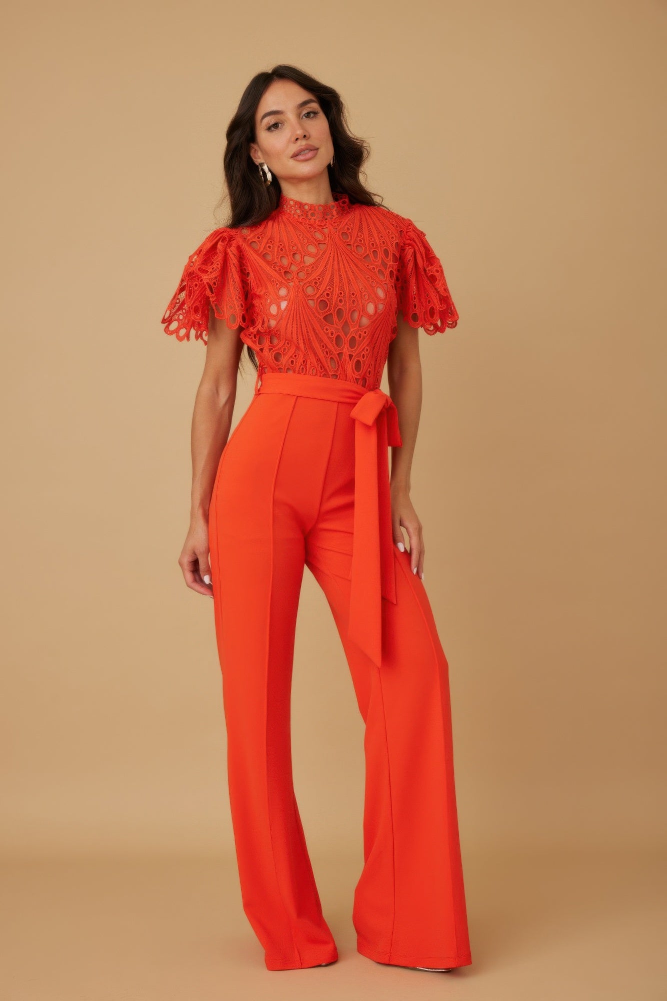 CCWHOLESALECLOTHING red high waisted crochet jumpsuit for women with lace top and wide leg pants