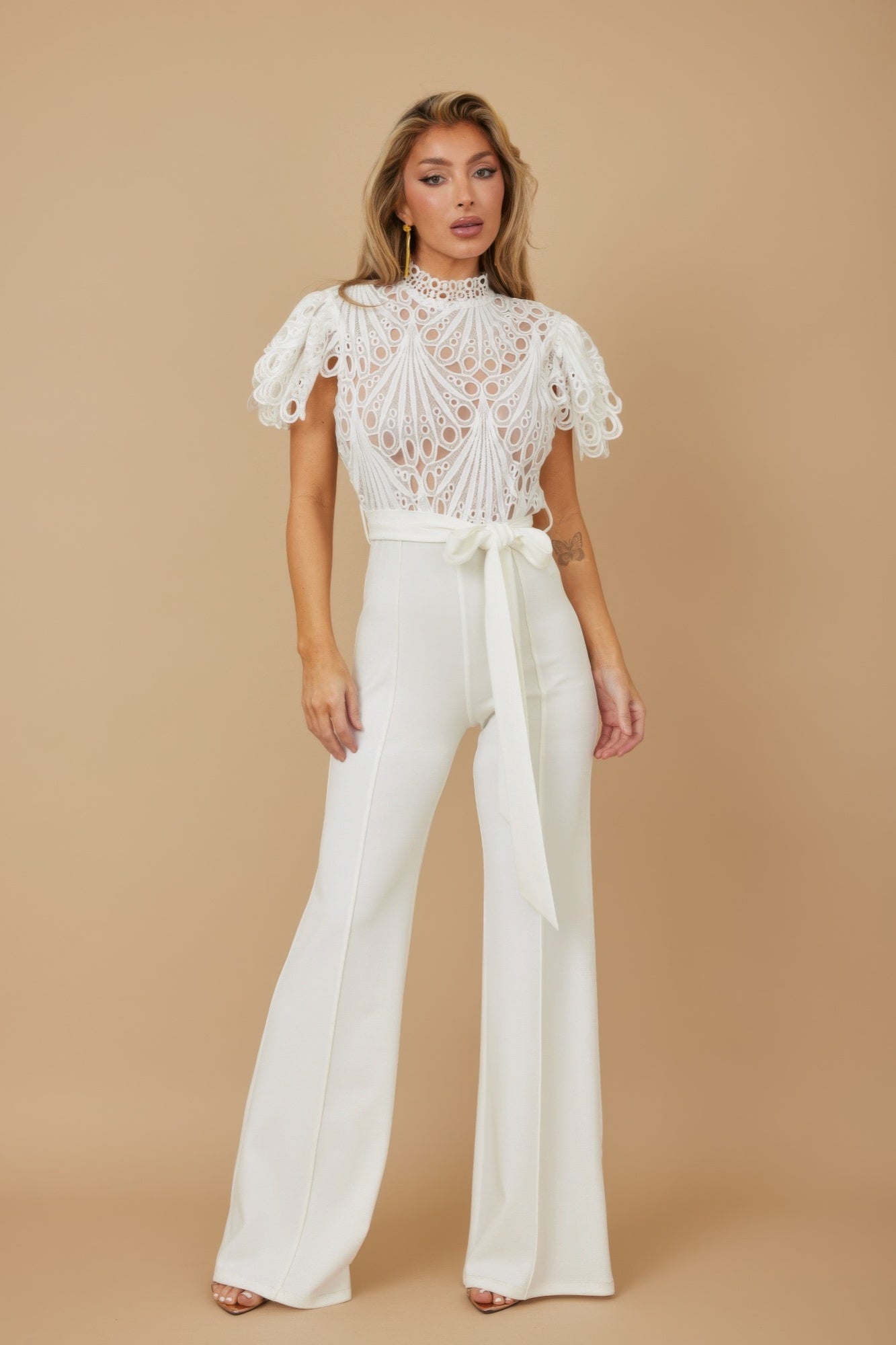 White crochet jumpsuit for women with high neck lace top puff sleeves tie waist and wide leg pants