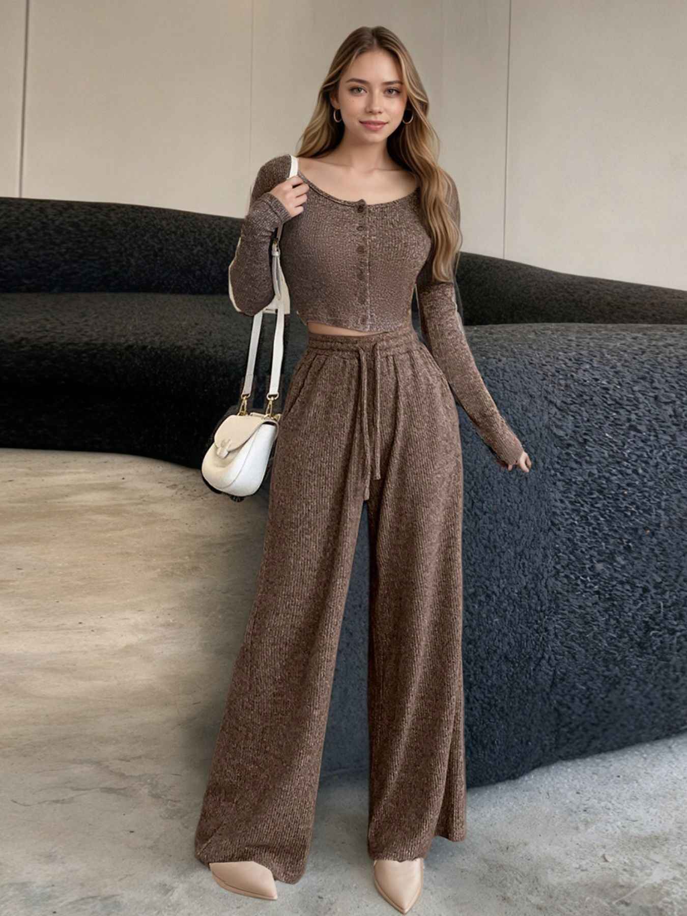 Cute Outfit Set - Long Sleeve Top and Wide Leg Pants Set