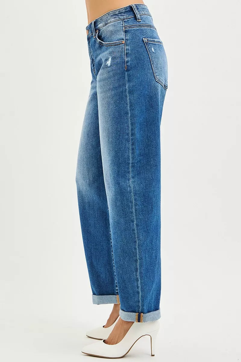 RISEN Barrel Jeans Women - Mid Rise Double Roll Cuff - Fashions Envy