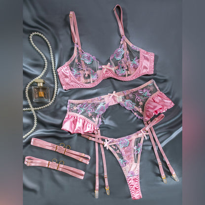 Floral Embroidered Garter Set - Contrast Color Intimate Wear