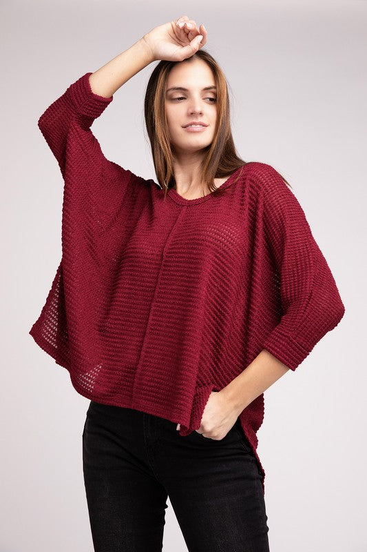 V-Neck 3/4 Sleeve Hi-Low Hem Jacquard Sweater