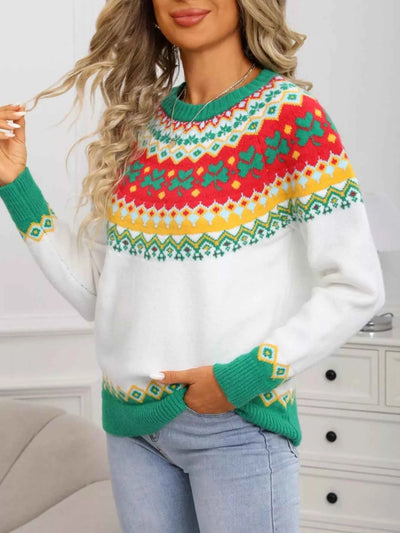 Clover Pattern Sweater - Long Sleeve Knitted Round Neck - Fashions Envy
