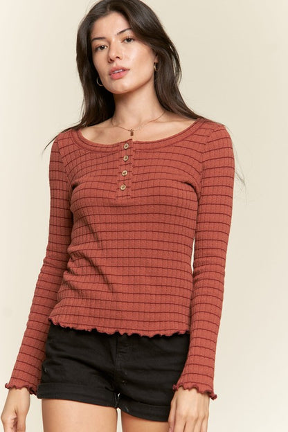 Ribbed Henley Neck Long Sleeve Basic Top