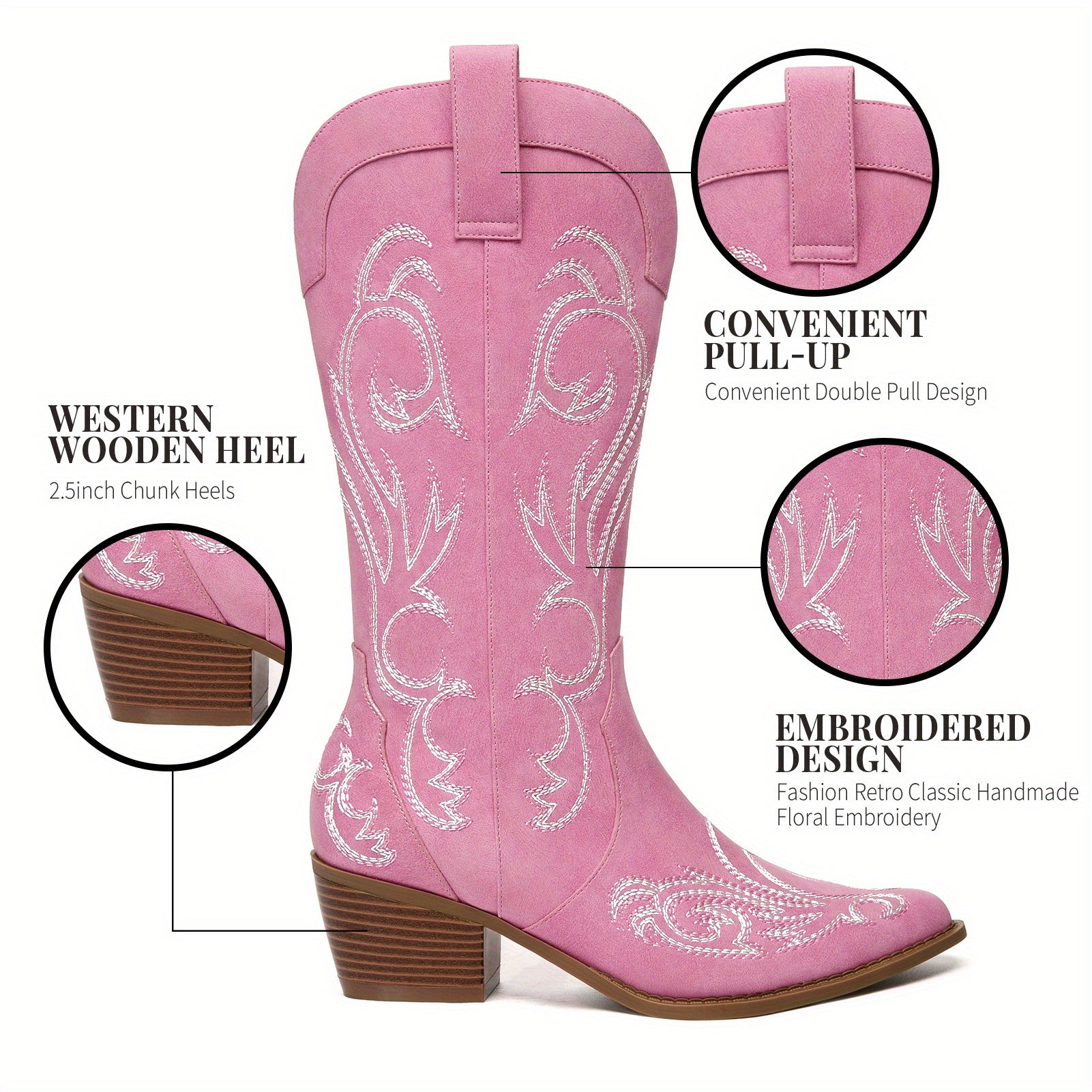 Pointed Toe Chunky 2.5" Heel Mid-Calf Boots with Hand-Stitched Navajo Embroidery