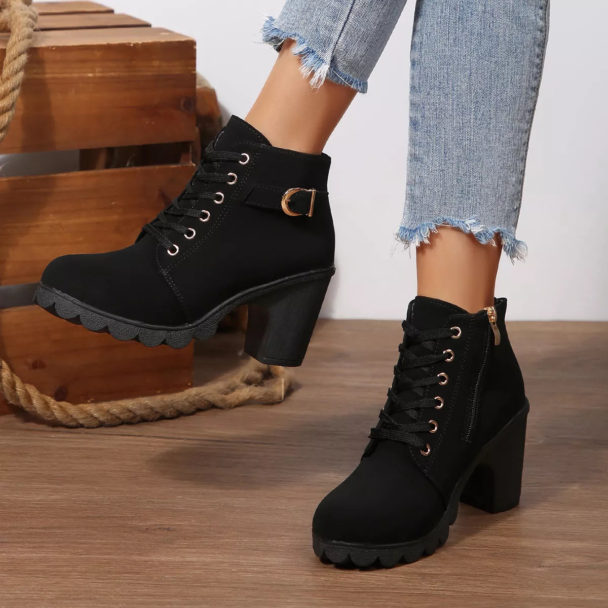 Lace Up Boots - Block High Heels - Fashions Envy