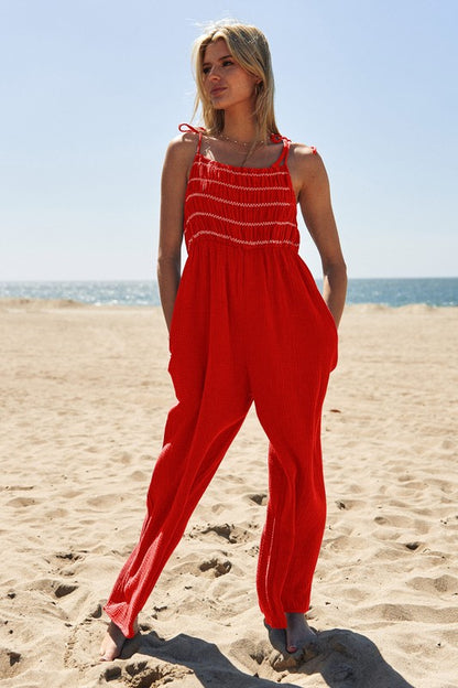 Washed Multi Smocked Detail Tie Straps Relaxed Jumpsuit