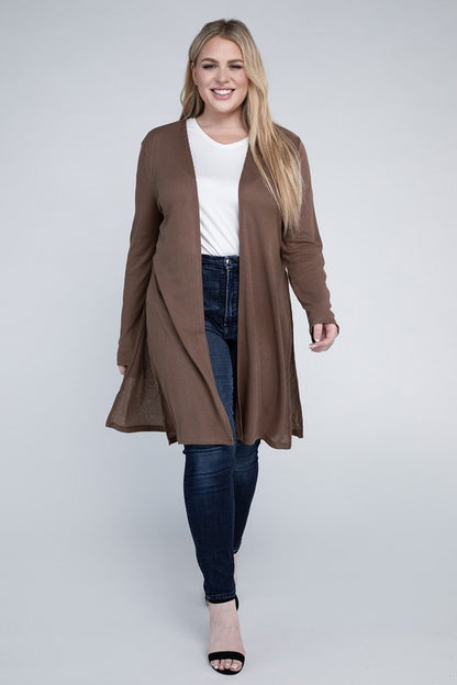 Plus Open Front Side Slit Everyday Long Cardigan