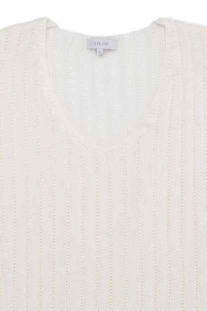 Ivory Variegated Ribbed V-Neck Sweater