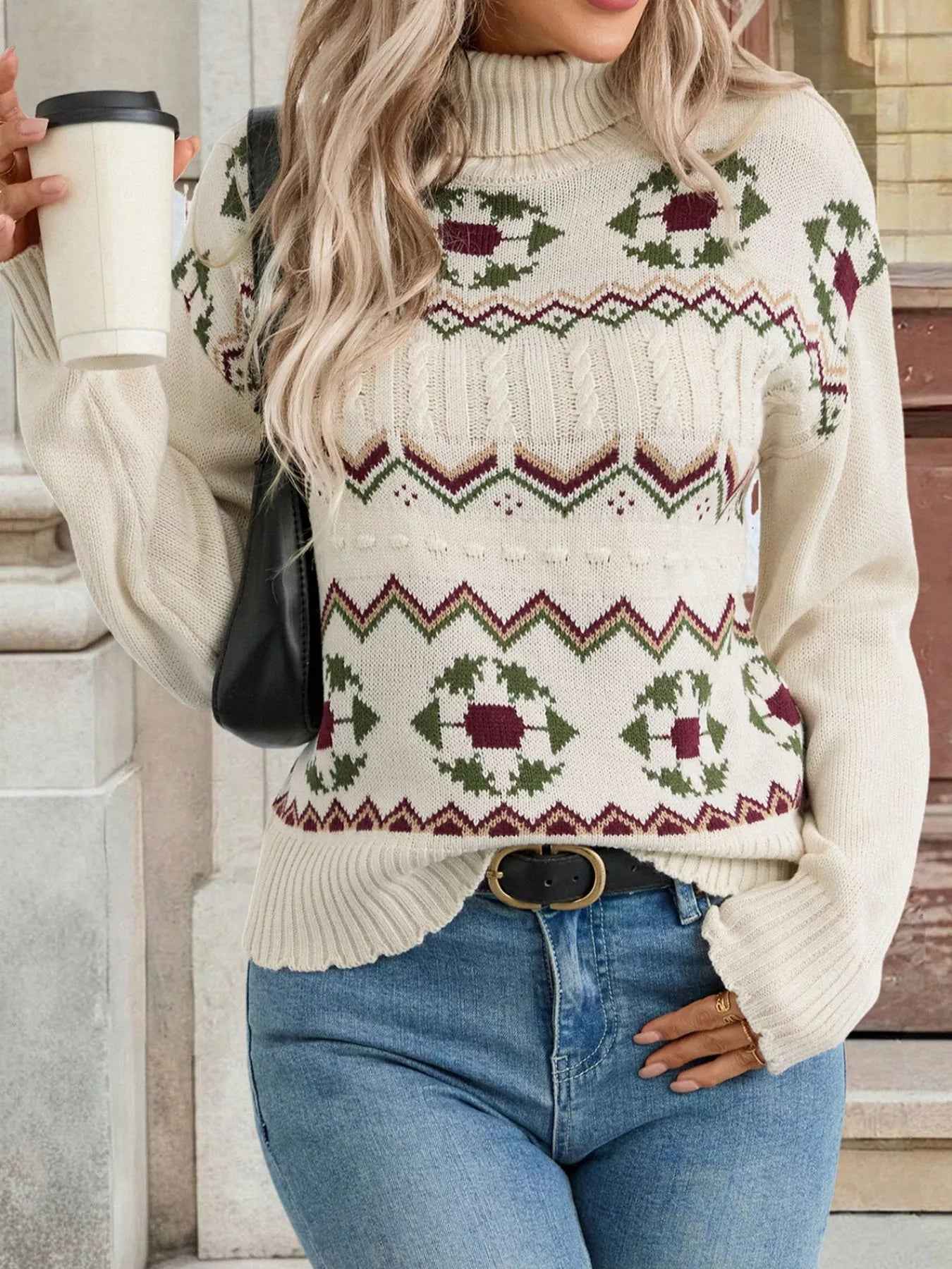 Cable Knit Turtleneck Sweater - Fair Isle Holiday Style - Fashions Envy
