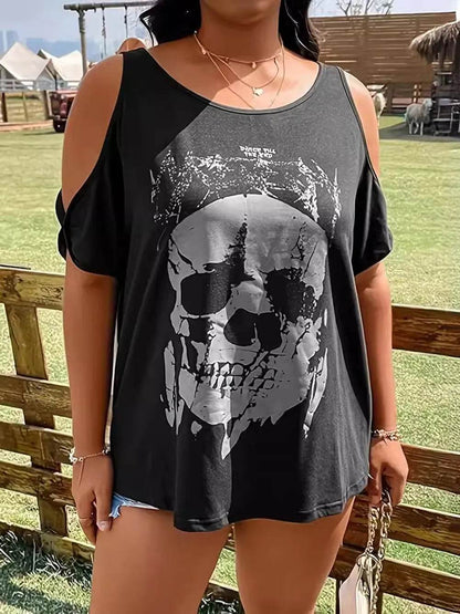 Plus Size Skeleton Graphic Round Neck Cold Shoulder T-Shirt - Halloween Top - Fashions Envy