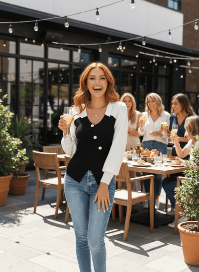 Color Block V-Neck Sweater - Chic Button Detail - Fashions Envy