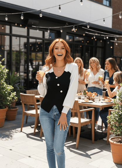 Color Block V-Neck Sweater - Chic Button Detail - Fashions Envy