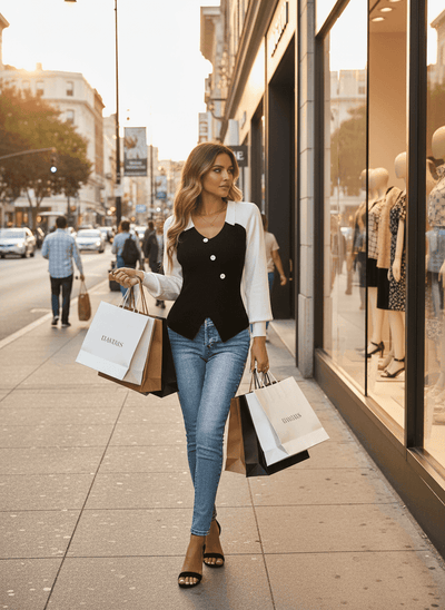 Color Block V-Neck Sweater - Chic Button Detail - Fashions Envy
