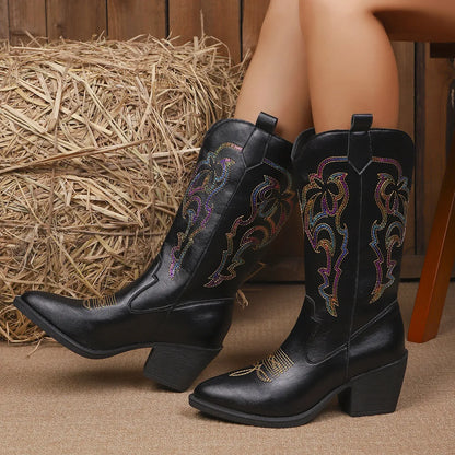 Trendsi black leather block heels boots with colorful embroidery on wooden western style heels