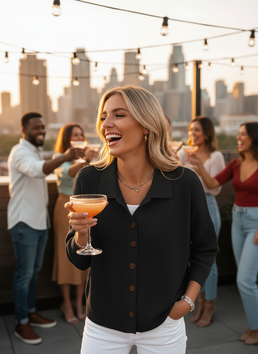 Black button-down cardigan - blonde at rooftop bar