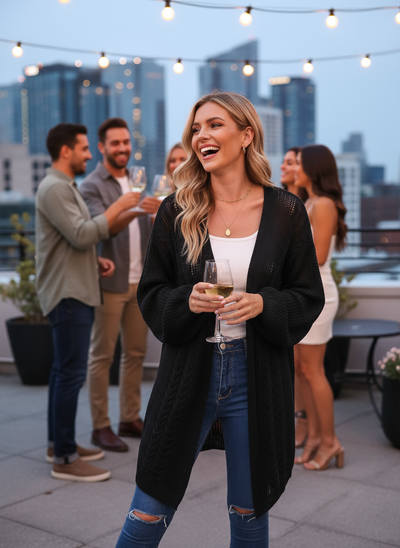 Black cable knit - blonde standing at rooftop bar
