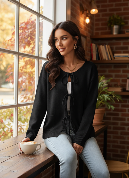 Black cardigan coffee shop scene