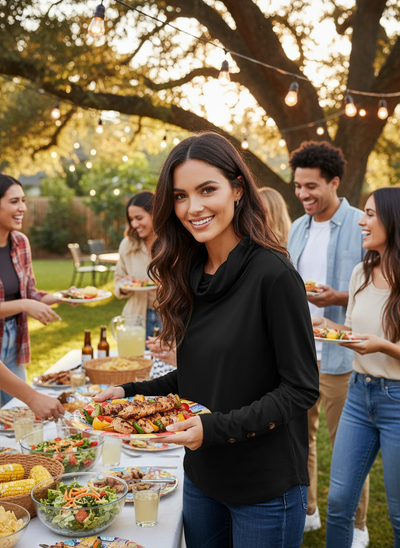 Black Cowl Neck Blouse Backyard BBQ