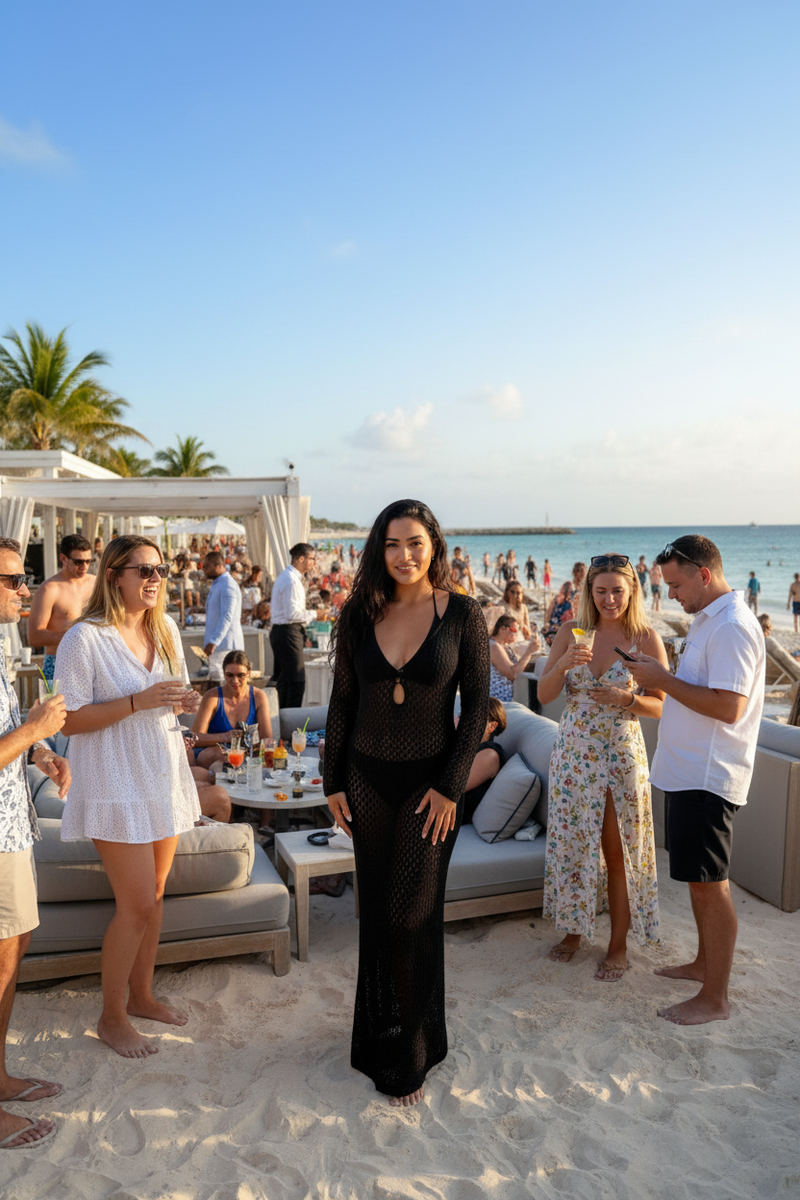 Black crochet maxi dress beachfront cafe lifestyle