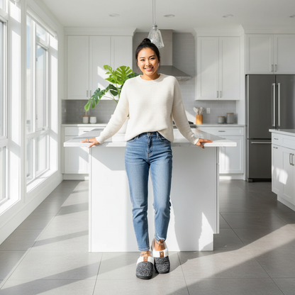 Black fleece-lined slippers kitchen morning lifestyle