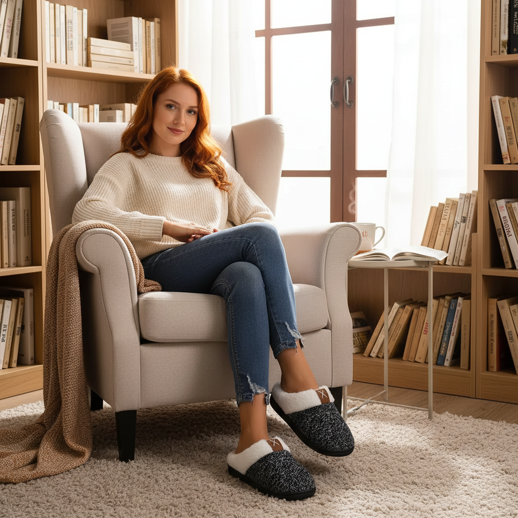 Black fleece-lined slippers reading nook lifestyle