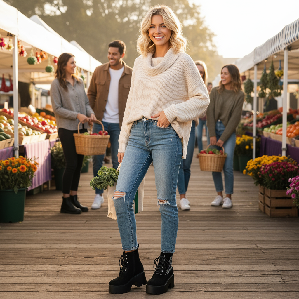 Black floral embroidered platform combat boots lifestyle image