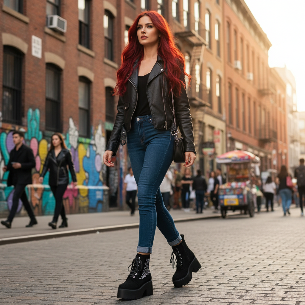 Black floral embroidered platform combat boots urban street lifestyle