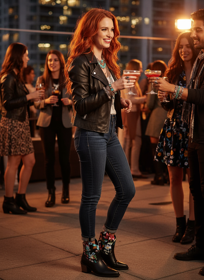 Black floral embroidered western boots - rooftop bar lifestyle scene