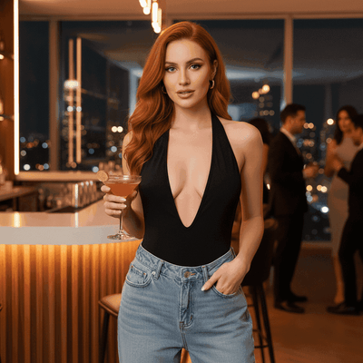 Halter Bodysuit - Backless Deep V-Neck Style - Fashions Envy