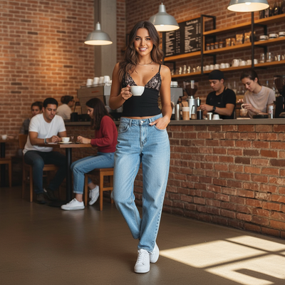 Black lace camisole vest at coffee shop
