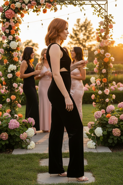 Black Lace Cut Out Velvet Jumpsuit - Side View