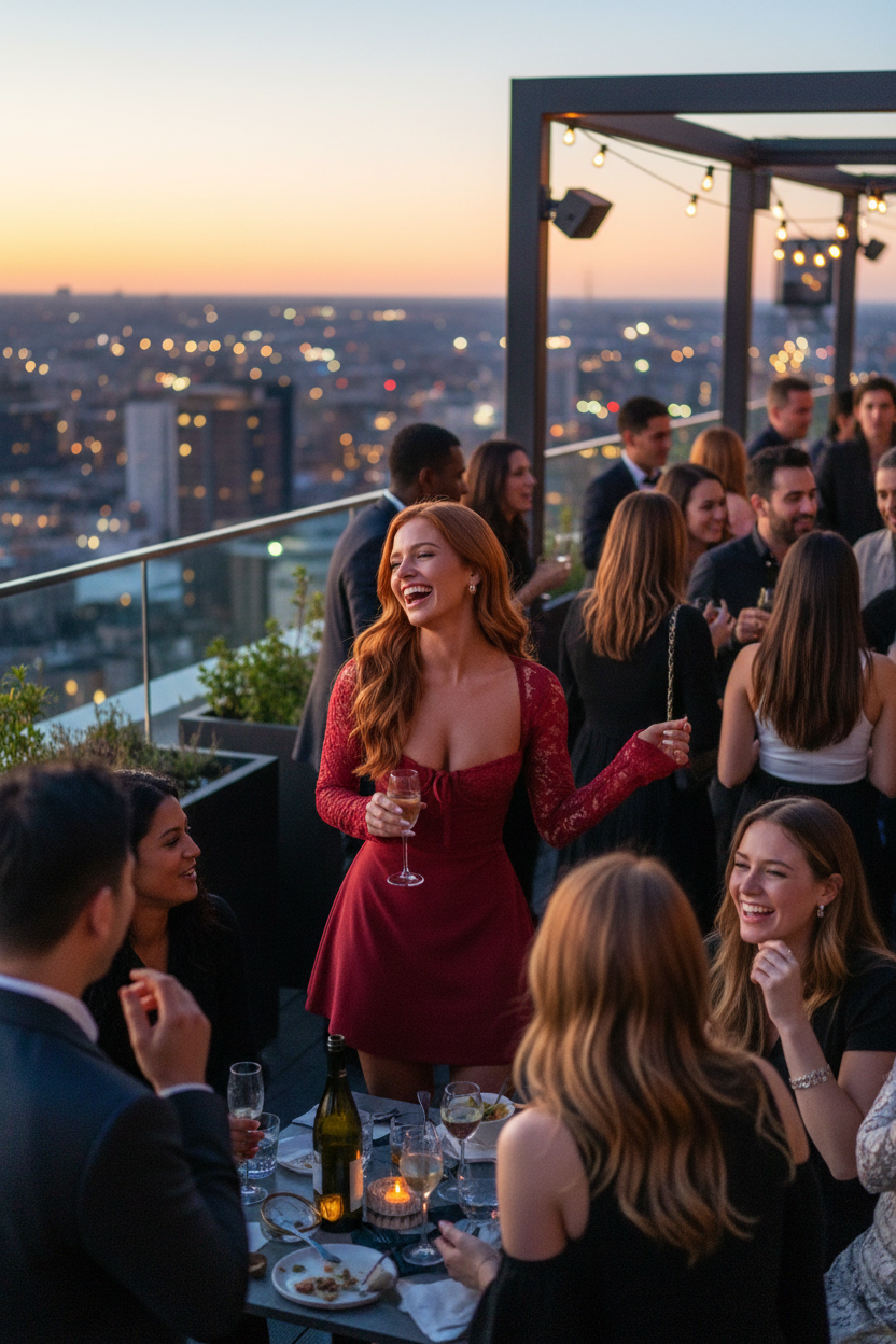 Black lace dress at rooftop restaurant with crowd