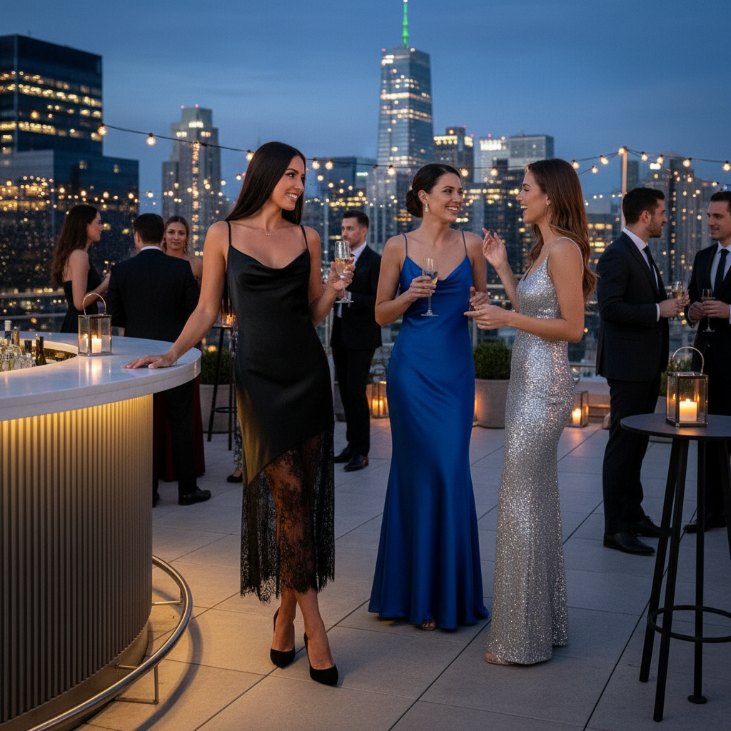 Black lace trim camisole dress rooftop cocktail party