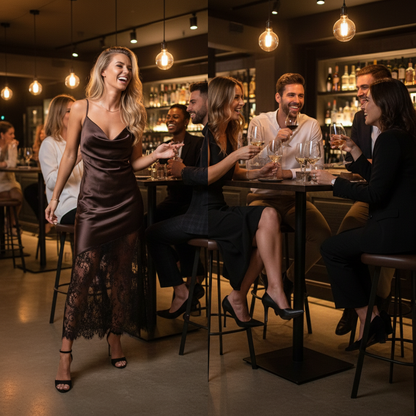 Black lace trim camisole dress wine bar social