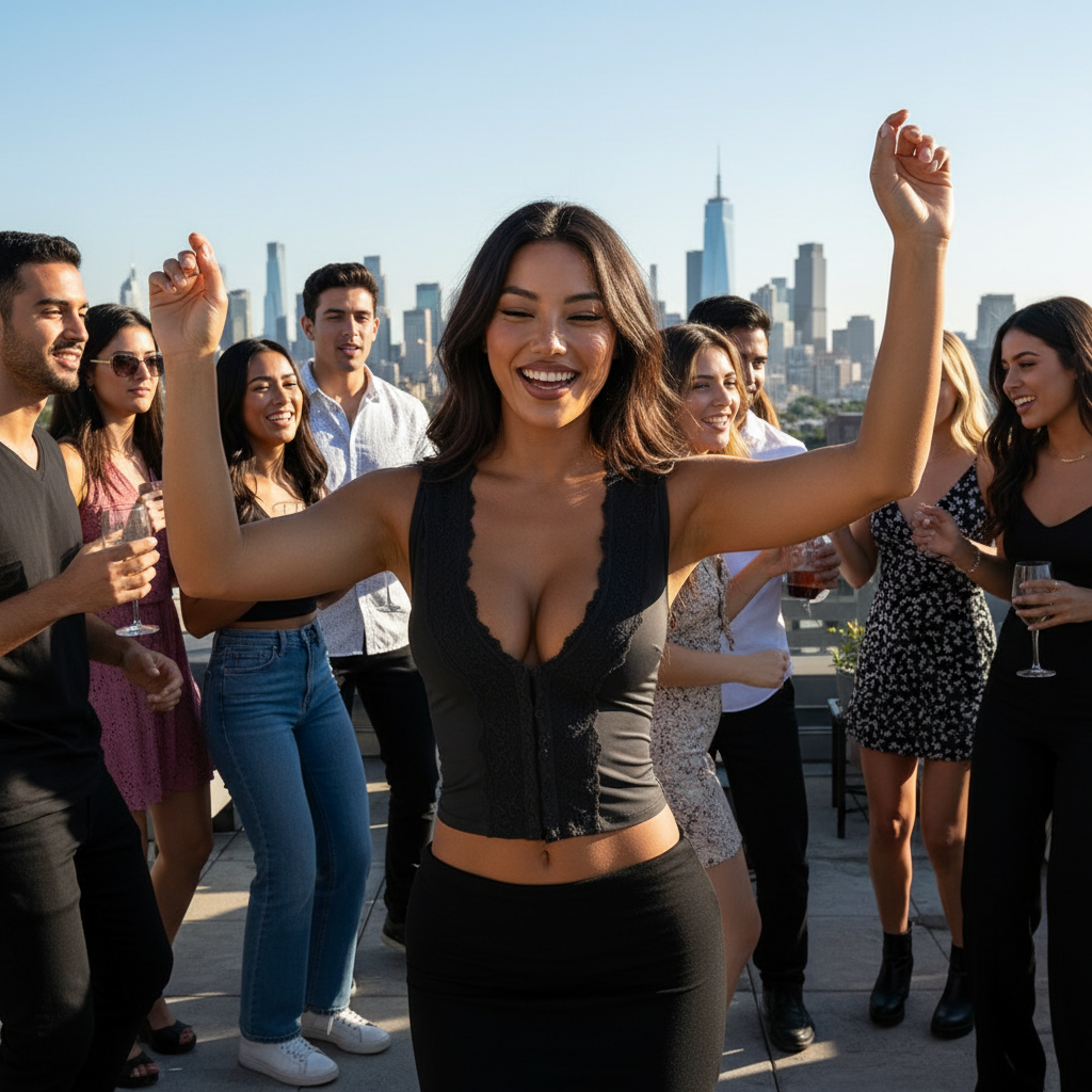 Black lace trim crop top lifestyle - full body rooftop party