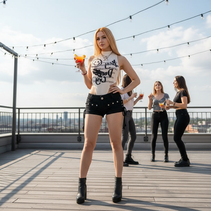 Black lace-up shorts redhead woman outdoor rooftop party