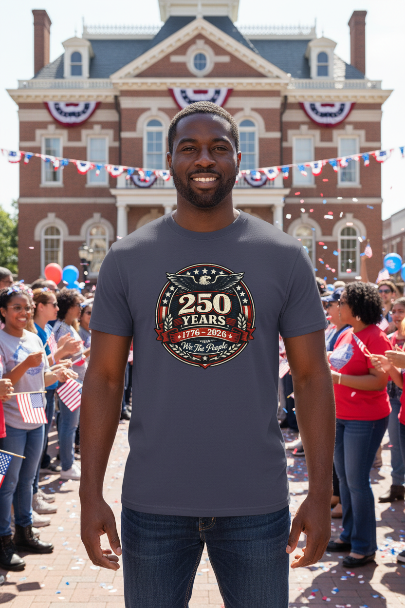 Black male in We The People 250 Years t-shirt at town hall celebration